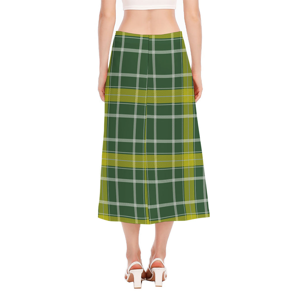 Green And Yellow Stewart Tartan Print Side Slit Midi Skirt