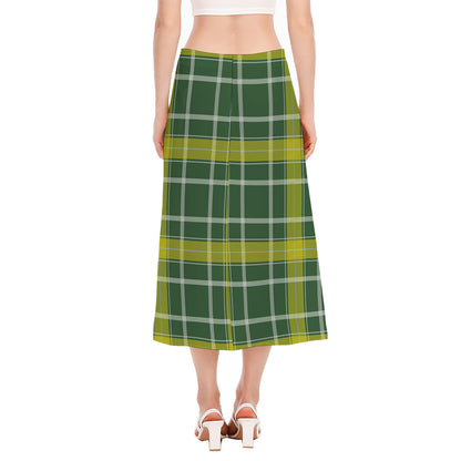 Green And Yellow Stewart Tartan Print Side Slit Midi Skirt