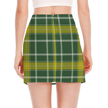 Green And Yellow Stewart Tartan Print Side Slit Mini Skirt