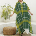 Green And Yellow Stewart Tartan Print Silk V-Neck Kaftan Dress