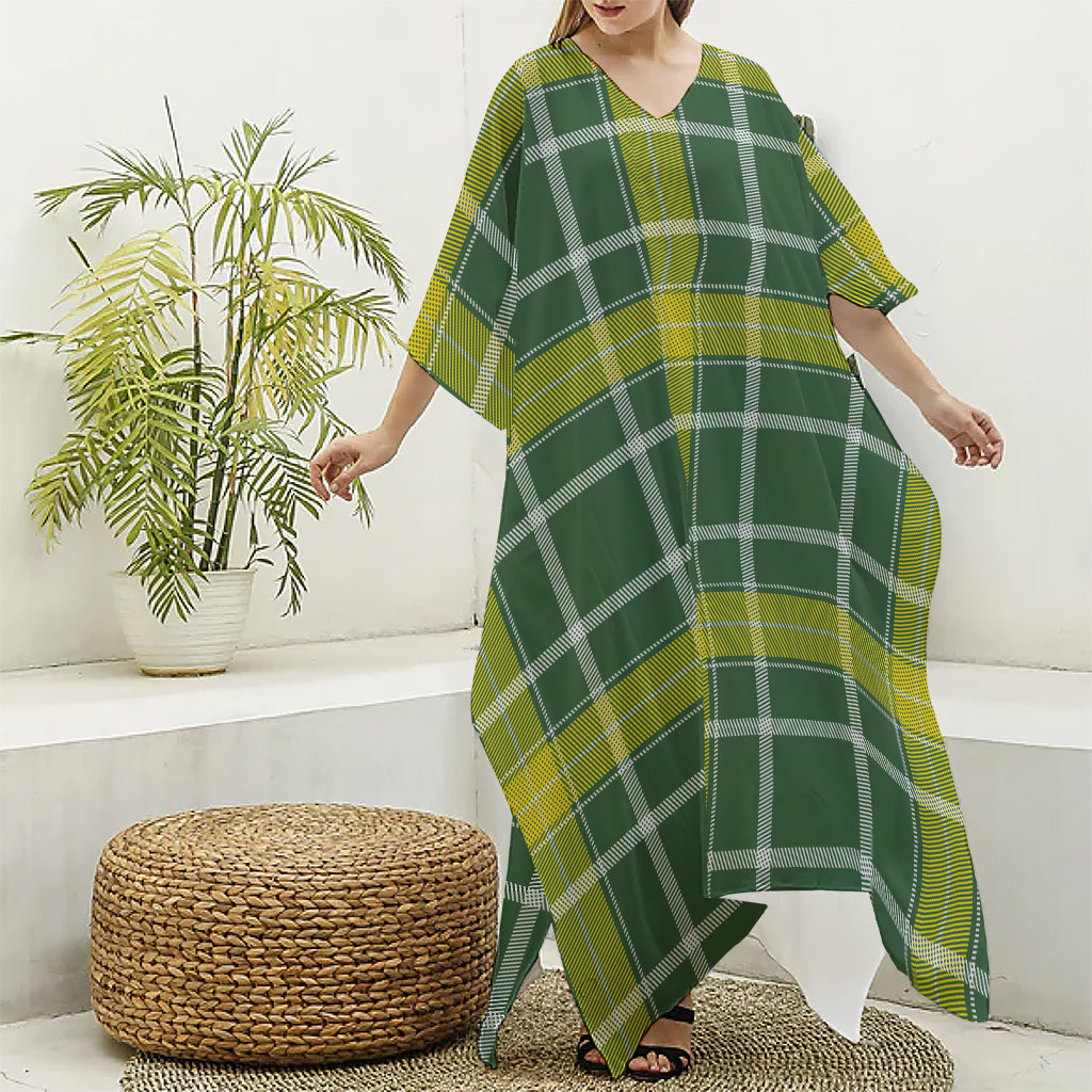 Green And Yellow Stewart Tartan Print Silk V-Neck Kaftan Dress