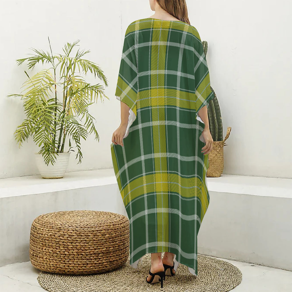 Green And Yellow Stewart Tartan Print Silk V-Neck Kaftan Dress
