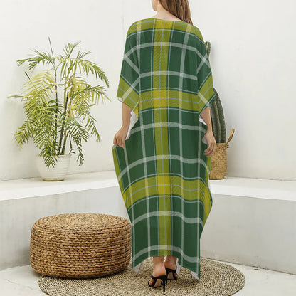 Green And Yellow Stewart Tartan Print Silk V-Neck Kaftan Dress