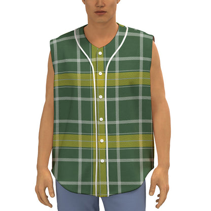 Green And Yellow Stewart Tartan Print Sleeveless Baseball Jersey