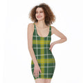 Green And Yellow Stewart Tartan Print Sleeveless Bodycon Dress