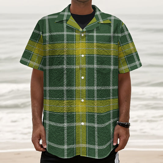 Green And Yellow Stewart Tartan Print Textured Short Sleeve Shirt