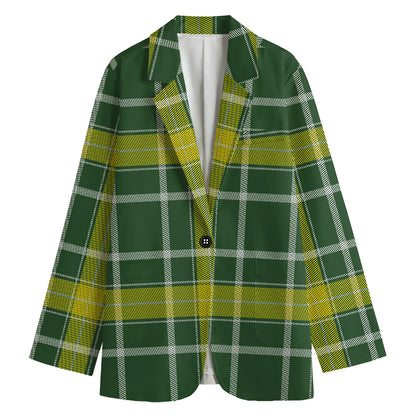 Green And Yellow Stewart Tartan Print Women's Cotton Blazer