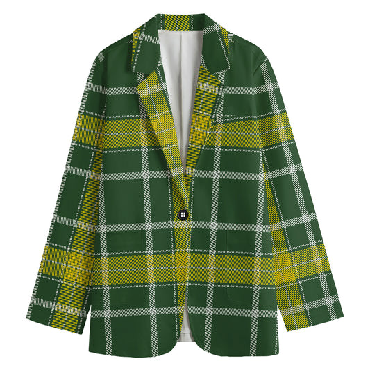 Green And Yellow Stewart Tartan Print Women's Cotton Blazer