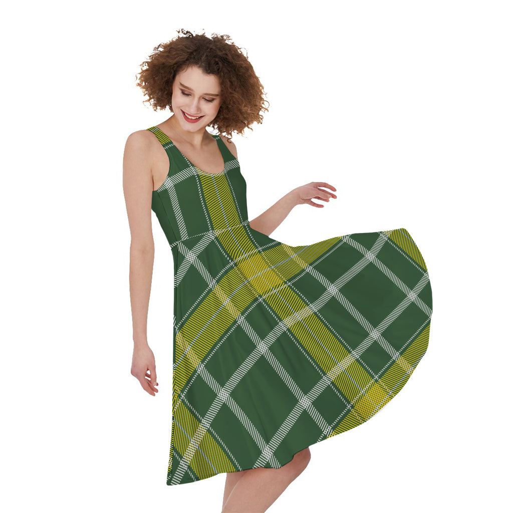 Green And Yellow Stewart Tartan Print Women's Sleeveless Dress