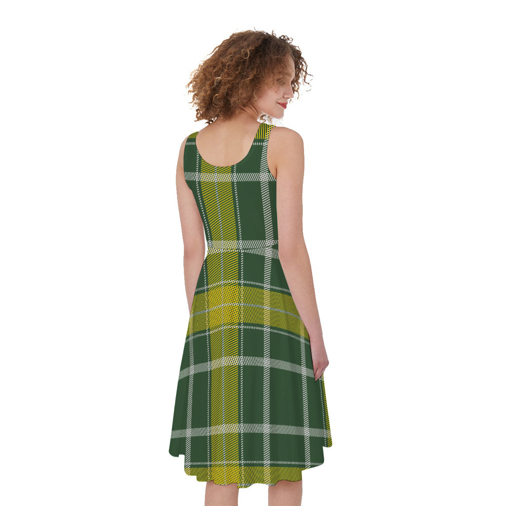 Green And Yellow Stewart Tartan Print Women's Sleeveless Dress
