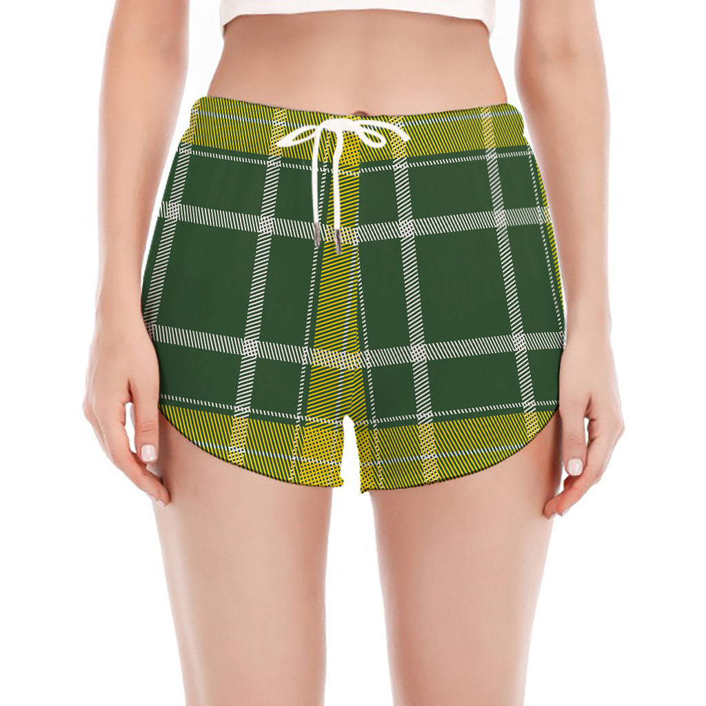 Green And Yellow Stewart Tartan Print Women's Split Running Shorts