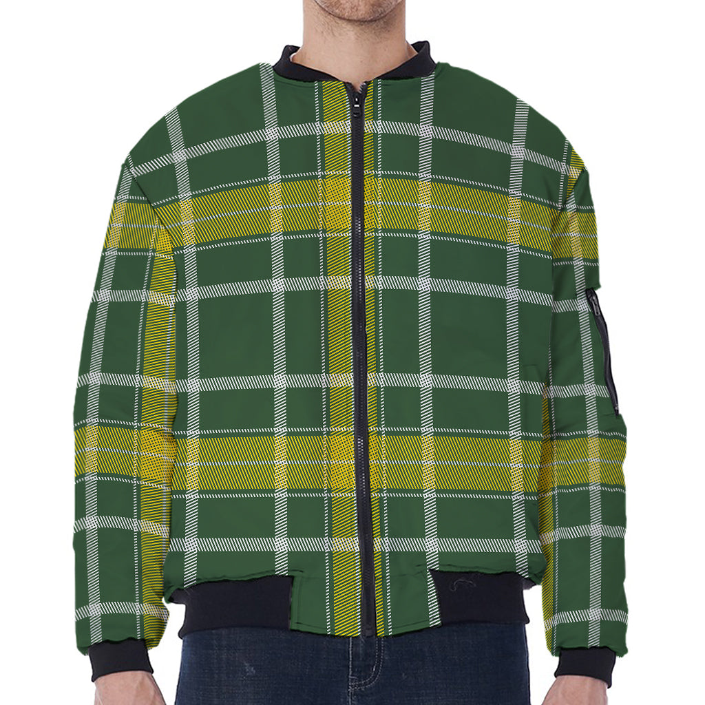 Green And Yellow Stewart Tartan Print Zip Sleeve Bomber Jacket