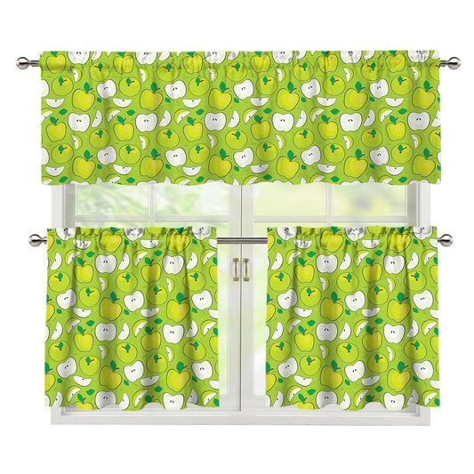 Green Apple Fruit Pattern Print 3 Piece Kitchen Curtains