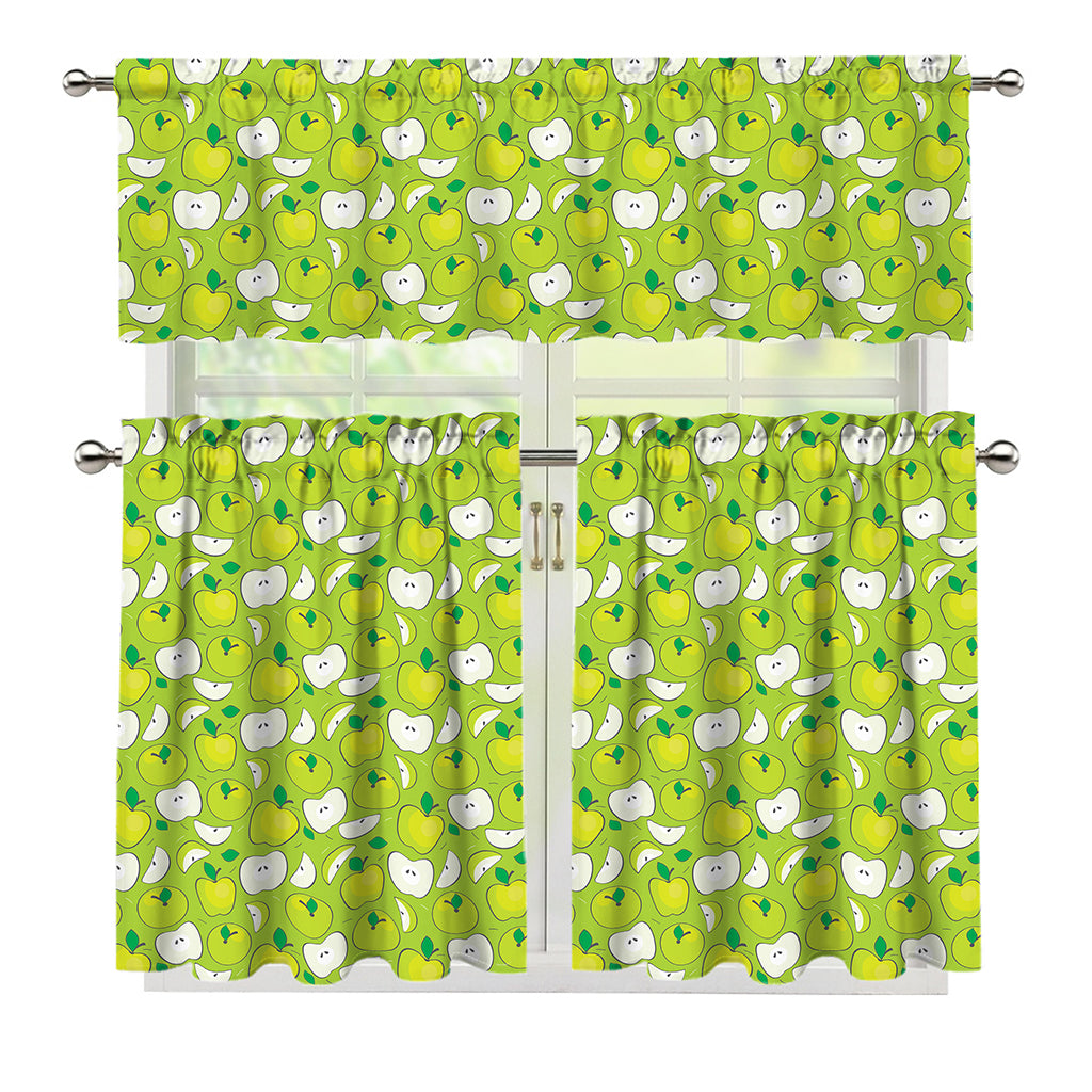 Green Apple Fruit Pattern Print 3 Piece Kitchen Curtains
