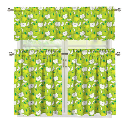 Green Apple Fruit Pattern Print 3 Piece Kitchen Curtains