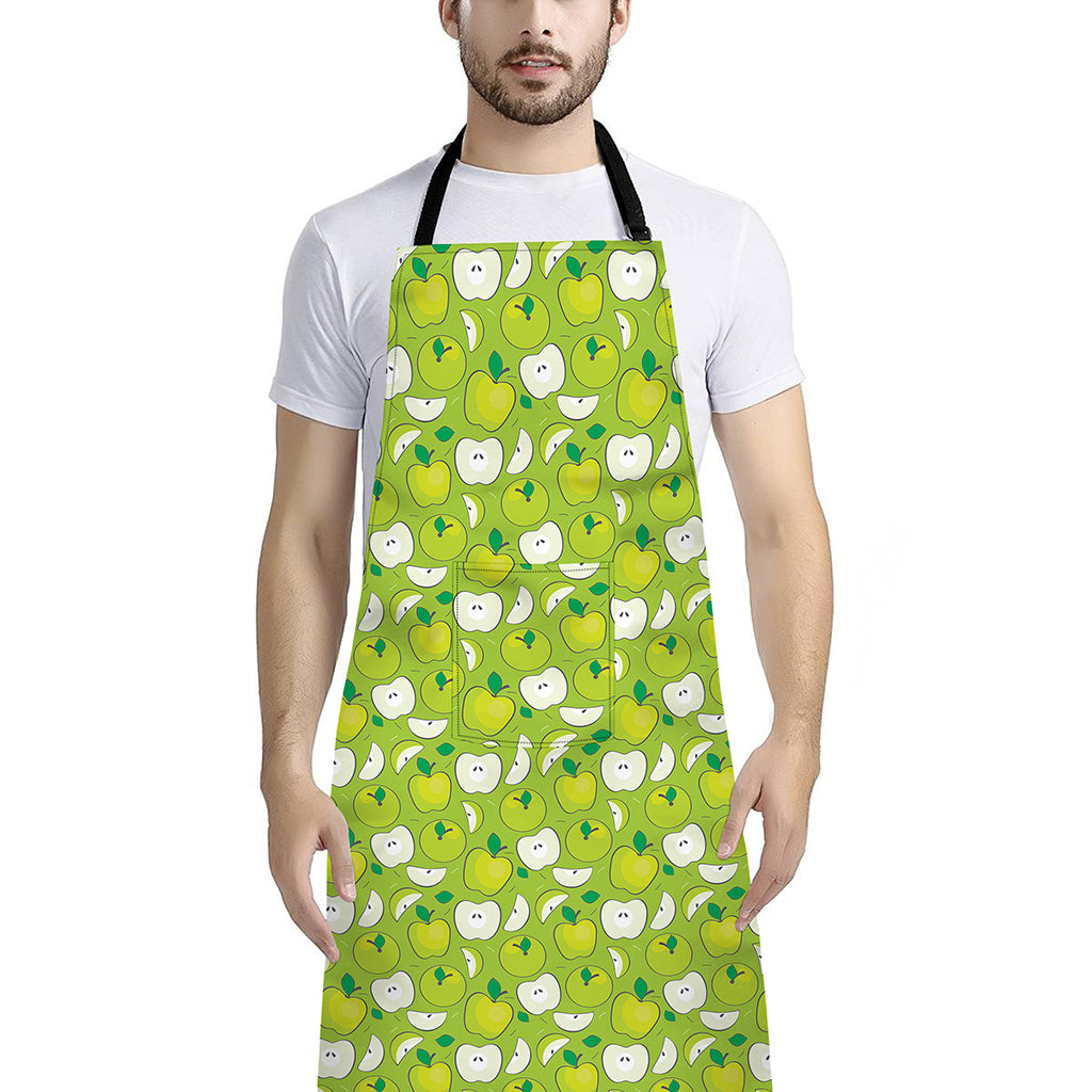 Green Apple Fruit Pattern Print Bib Apron With Pocket