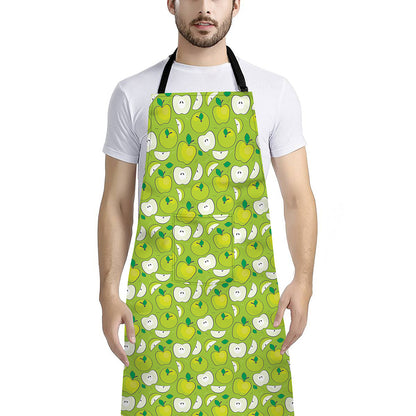 Green Apple Fruit Pattern Print Bib Apron With Pocket