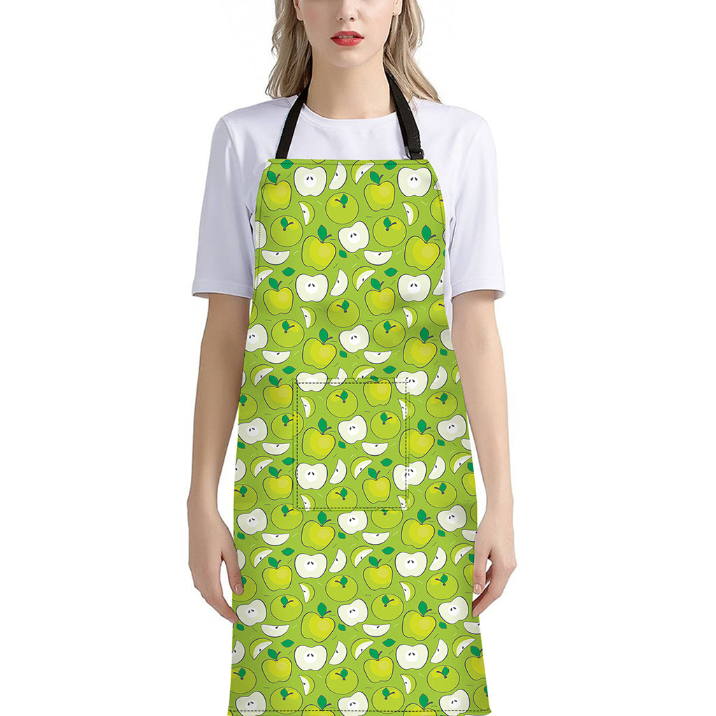 Green Apple Fruit Pattern Print Bib Apron With Pocket