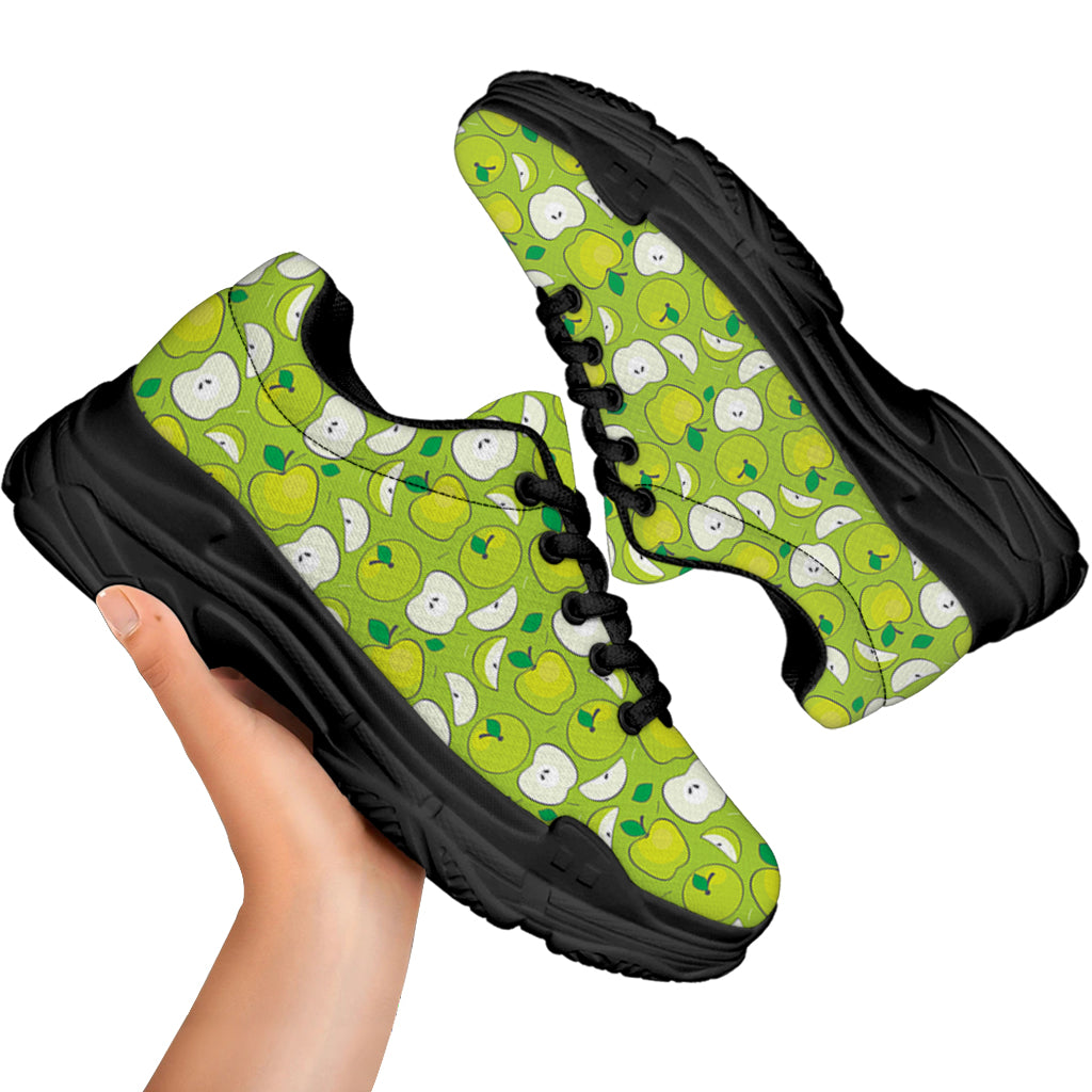 Green Apple Fruit Pattern Print Black Chunky Shoes