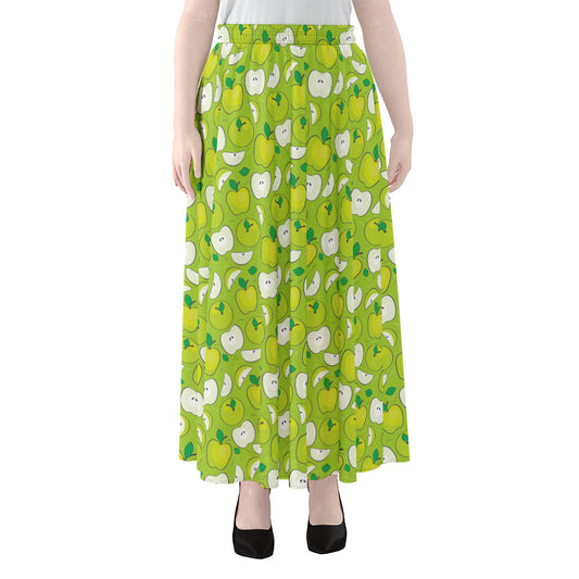 Green Apple Fruit Pattern Print Chiffon Maxi Skirt