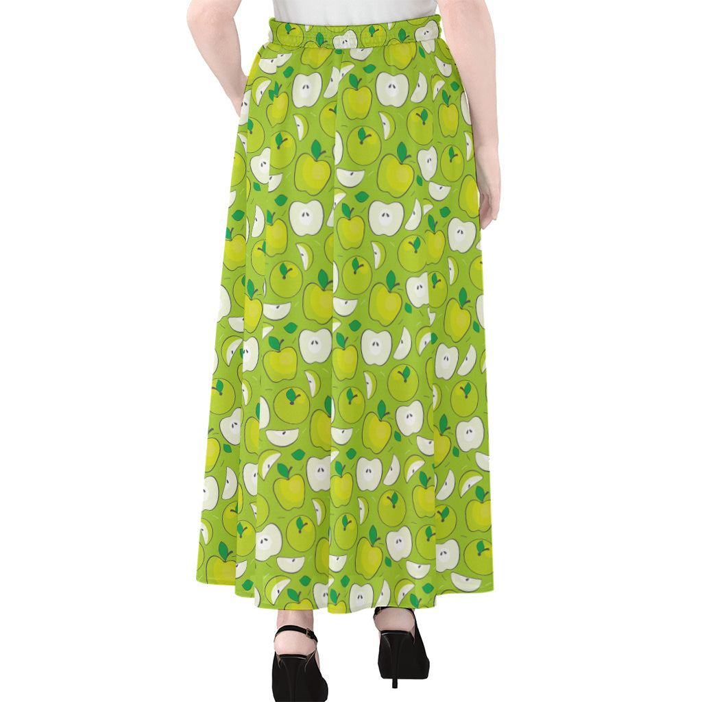 Green Apple Fruit Pattern Print Chiffon Maxi Skirt