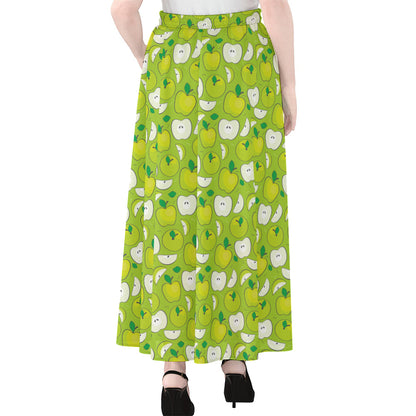 Green Apple Fruit Pattern Print Chiffon Maxi Skirt