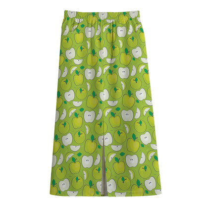 Green Apple Fruit Pattern Print Cotton Front Slit Maxi Skirt