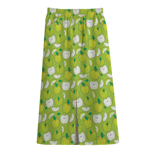 Green Apple Fruit Pattern Print Cotton Front Slit Maxi Skirt