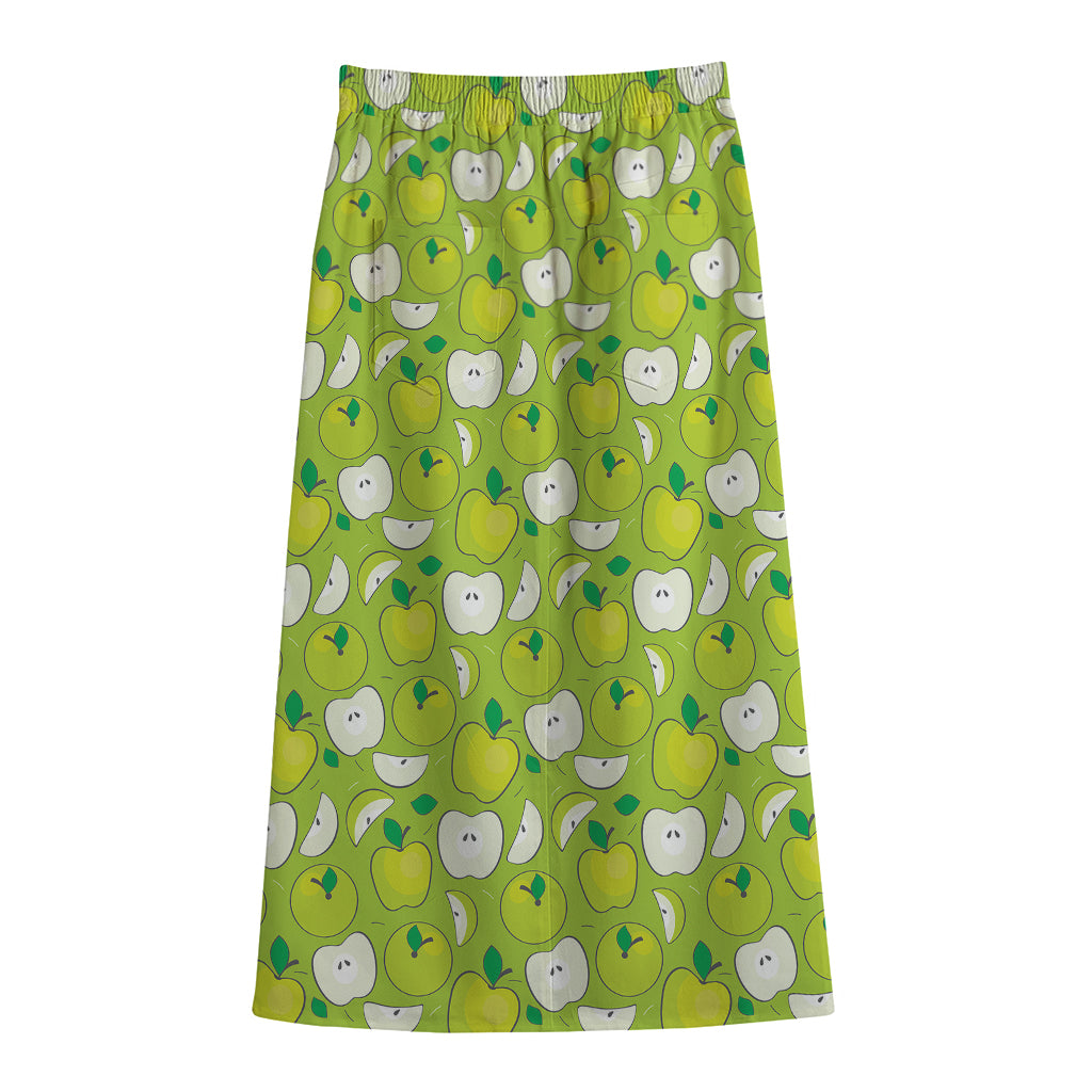 Green Apple Fruit Pattern Print Cotton Front Slit Maxi Skirt