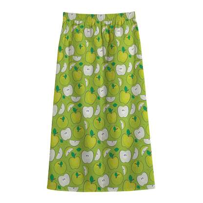 Green Apple Fruit Pattern Print Cotton Front Slit Maxi Skirt