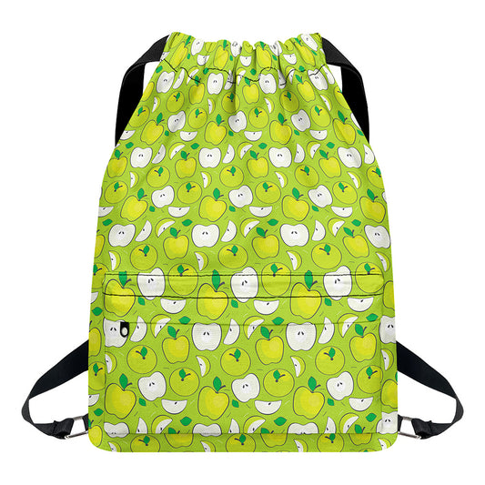 Green Apple Fruit Pattern Print Drawstring Backpack