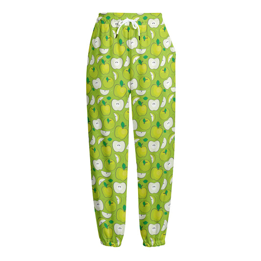 Green Apple Fruit Pattern Print Fleece Lined Knit Pants
