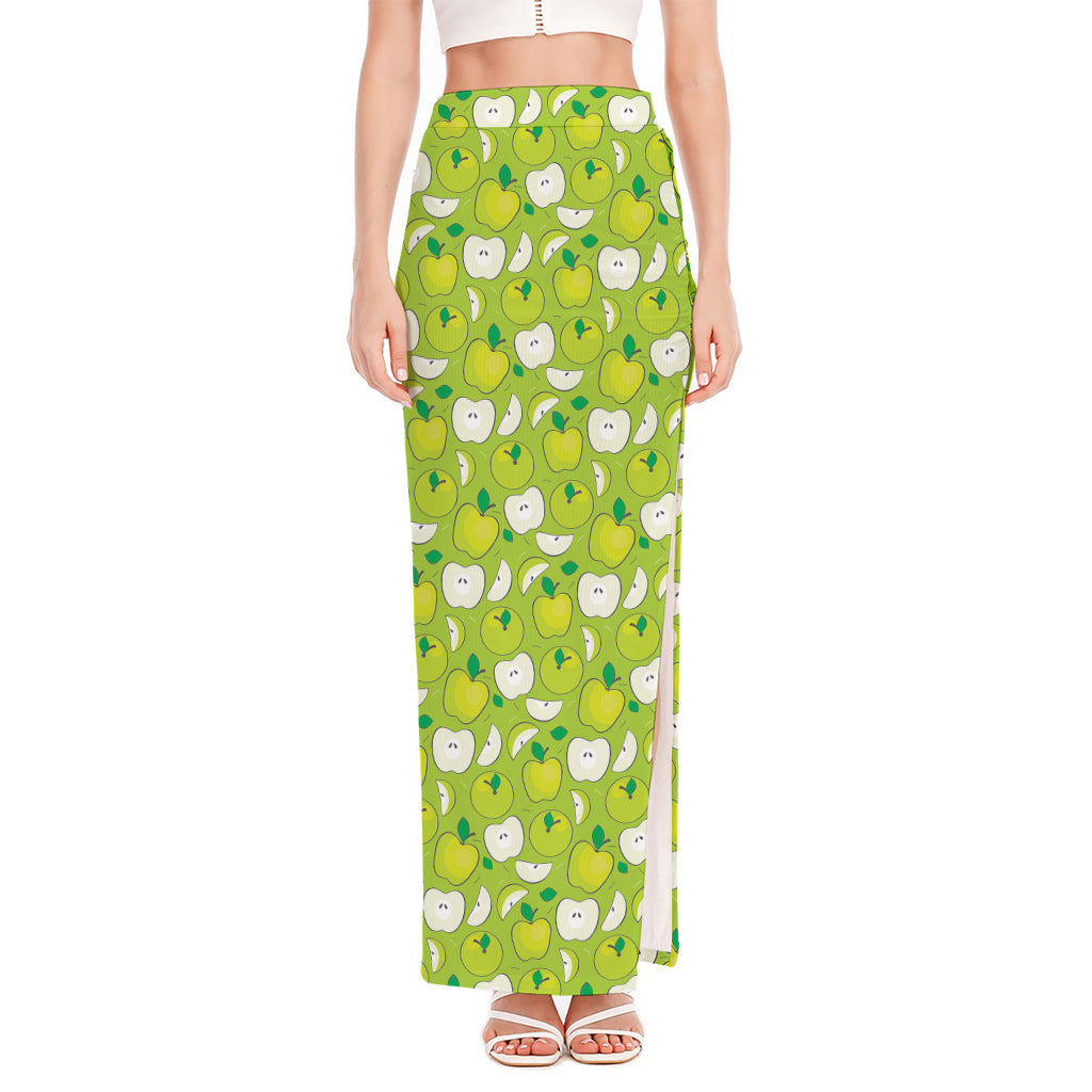 Green Apple Fruit Pattern Print High Slit Maxi Skirt