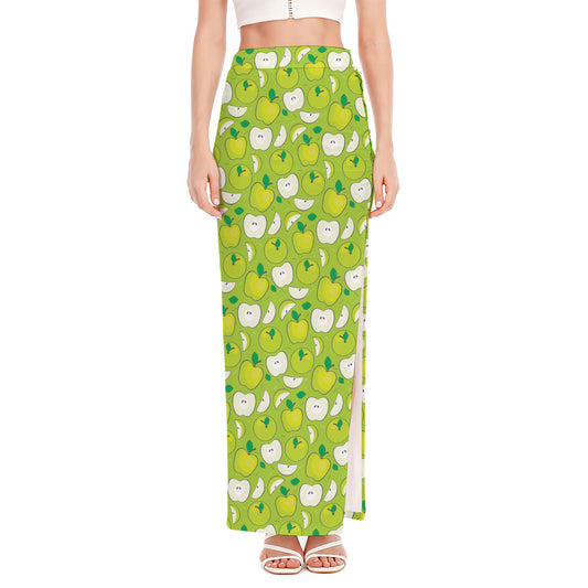 Green Apple Fruit Pattern Print High Slit Maxi Skirt