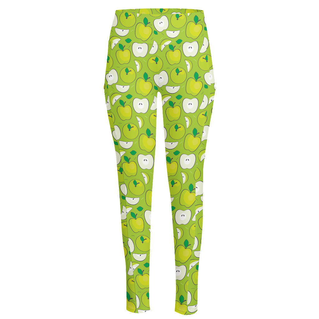 Green Apple Fruit Pattern Print High-Waisted Pocket Leggings