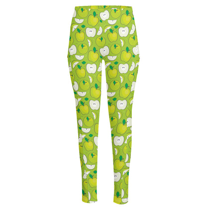 Green Apple Fruit Pattern Print High-Waisted Pocket Leggings