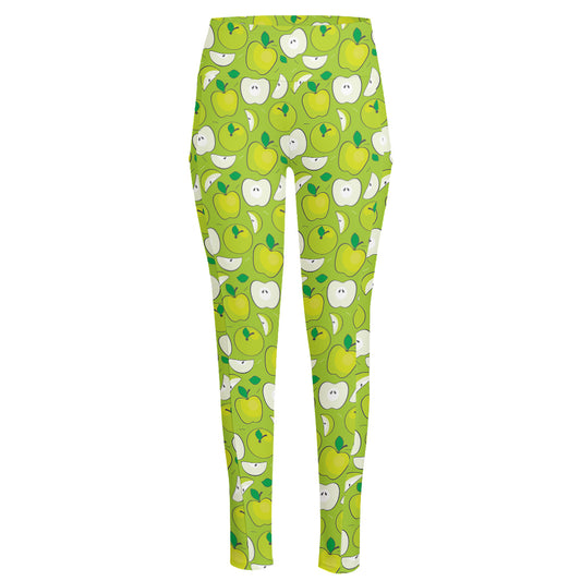 Green Apple Fruit Pattern Print High-Waisted Pocket Leggings
