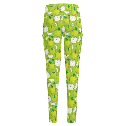 Green Apple Fruit Pattern Print High-Waisted Pocket Leggings