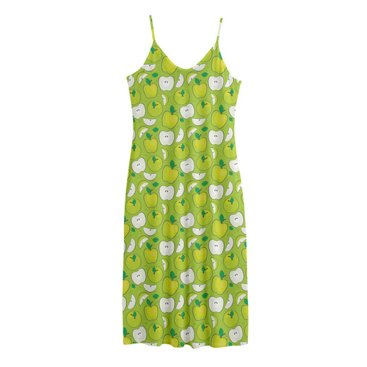 Green Apple Fruit Pattern Print Jersey Midi Cami Dress