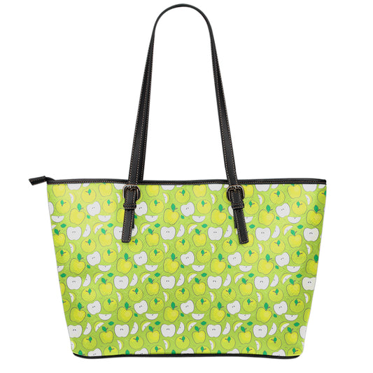 Green Apple Fruit Pattern Print Leather Tote Bag
