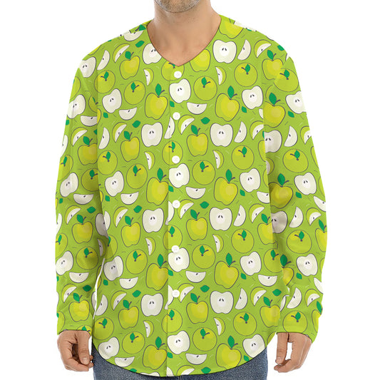 Green Apple Fruit Pattern Print Long Sleeve Baseball Jersey