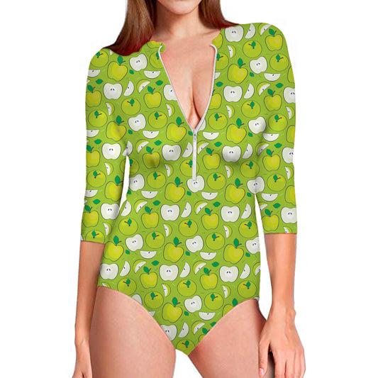 Green Apple Fruit Pattern Print Long Sleeve Swimsuit