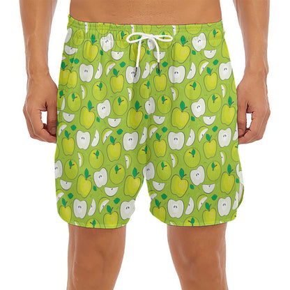 Green Apple Fruit Pattern Print Men's Split Running Shorts