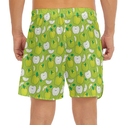 Green Apple Fruit Pattern Print Men's Split Running Shorts