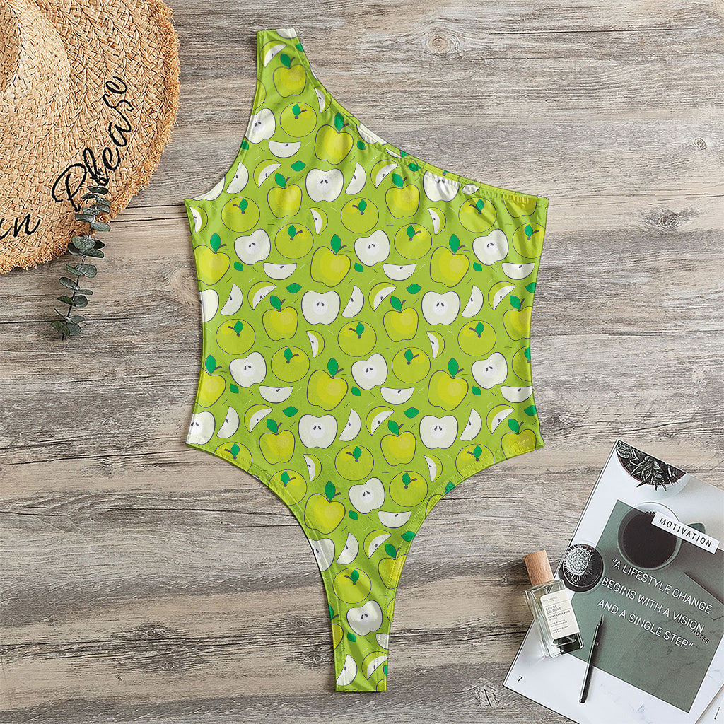 Green Apple Fruit Pattern Print One Shoulder Bodysuit
