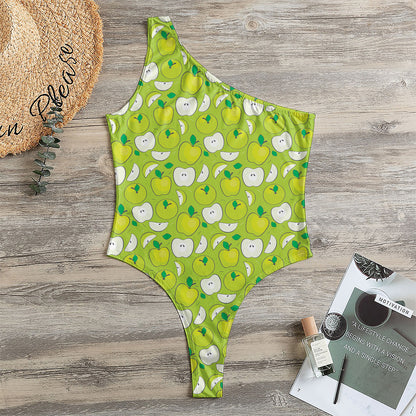 Green Apple Fruit Pattern Print One Shoulder Bodysuit