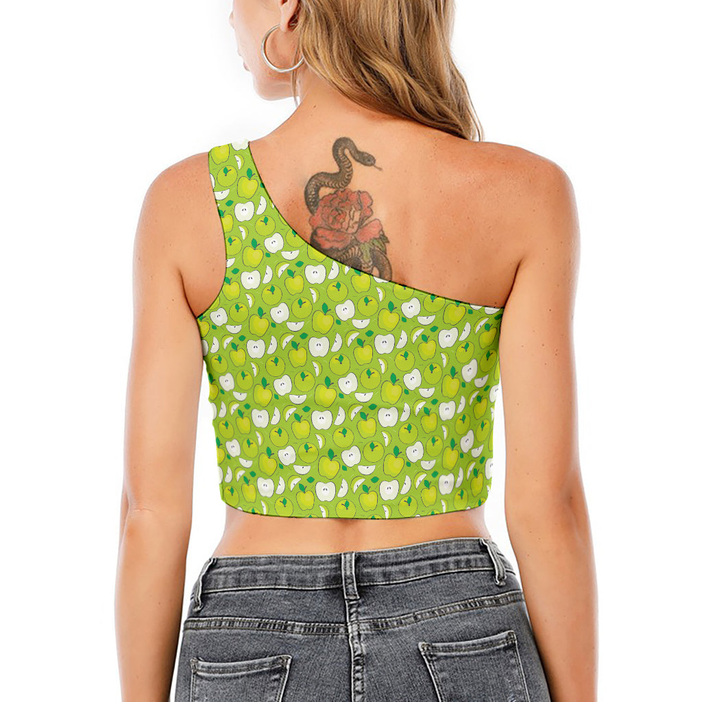 Green Apple Fruit Pattern Print One Shoulder Crop Top