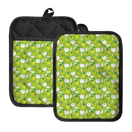 Green Apple Fruit Pattern Print Pot Holders With Pocket
