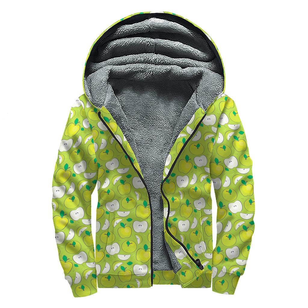 Green Apple Fruit Pattern Print Sherpa Lined Zip Up Hoodie