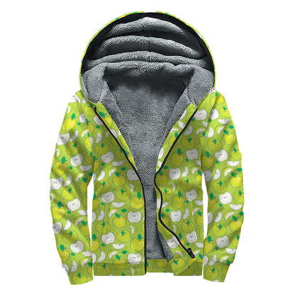 Green Apple Fruit Pattern Print Sherpa Lined Zip Up Hoodie